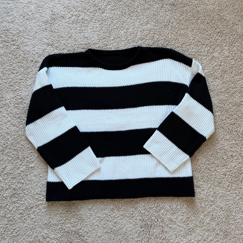 Classic Black and White Striped Women's Sweater - Size Large